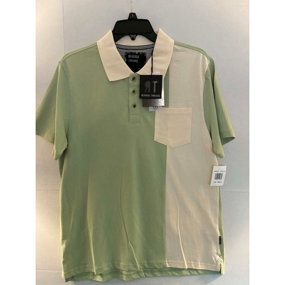 Reverse Threads‎ Mens Small Colorblock Polo Shirt Sage Green Cream Pocket Casual